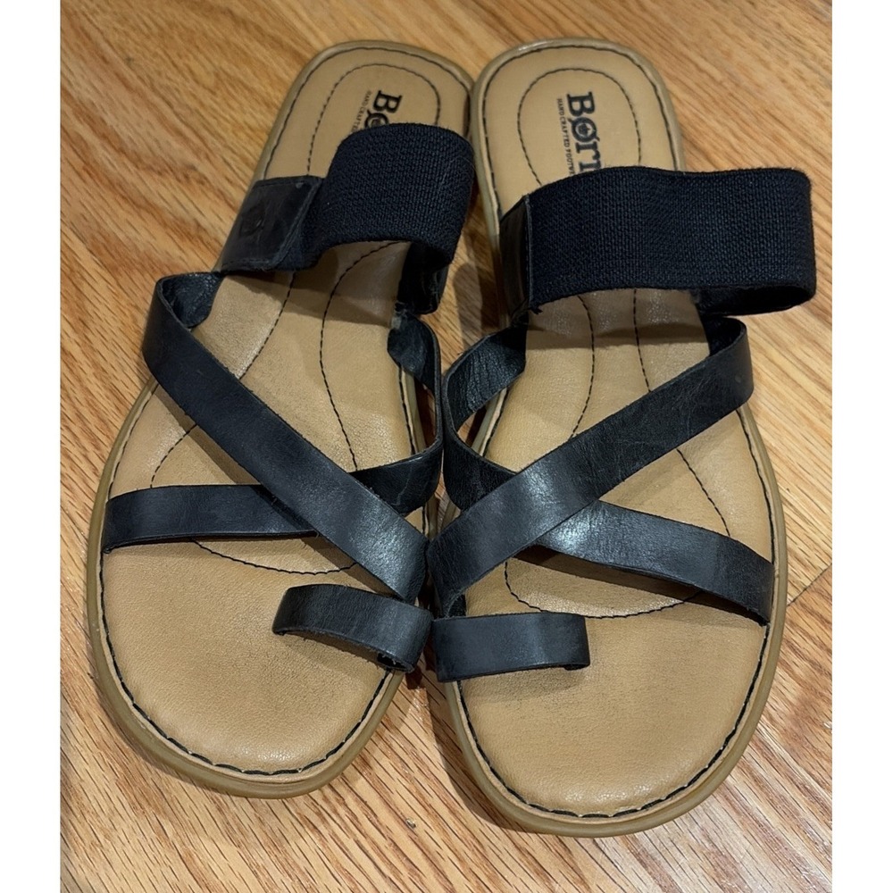 BORN Chai Toe BLACK‎ Loop Strappy Leather Slide Flat Sandal SZ 9
